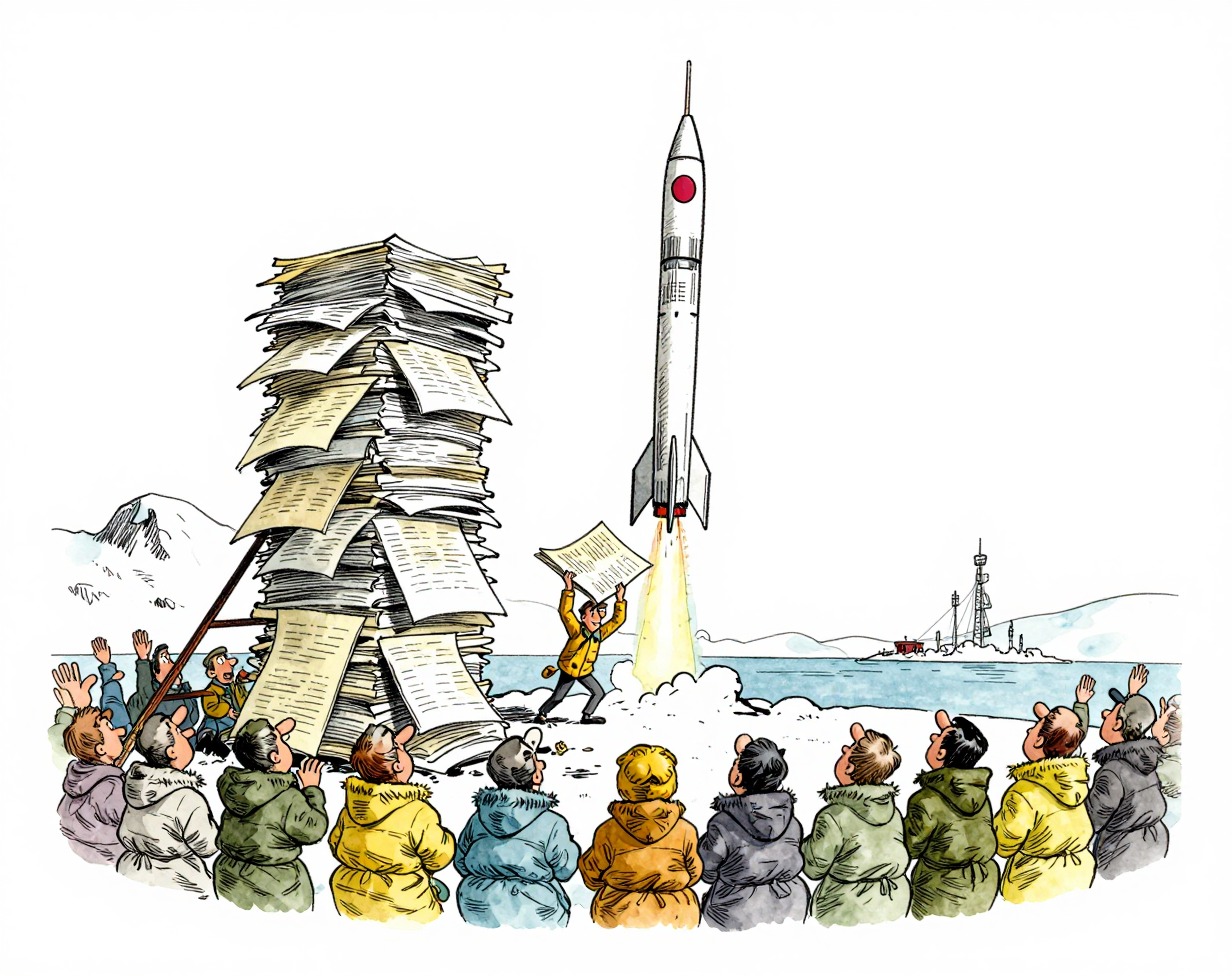 Décollage réussi. Le rapport sur l'indépendance spatiale est resté au sol, il pesait plus d'une tonne. (Dessin : Baba)